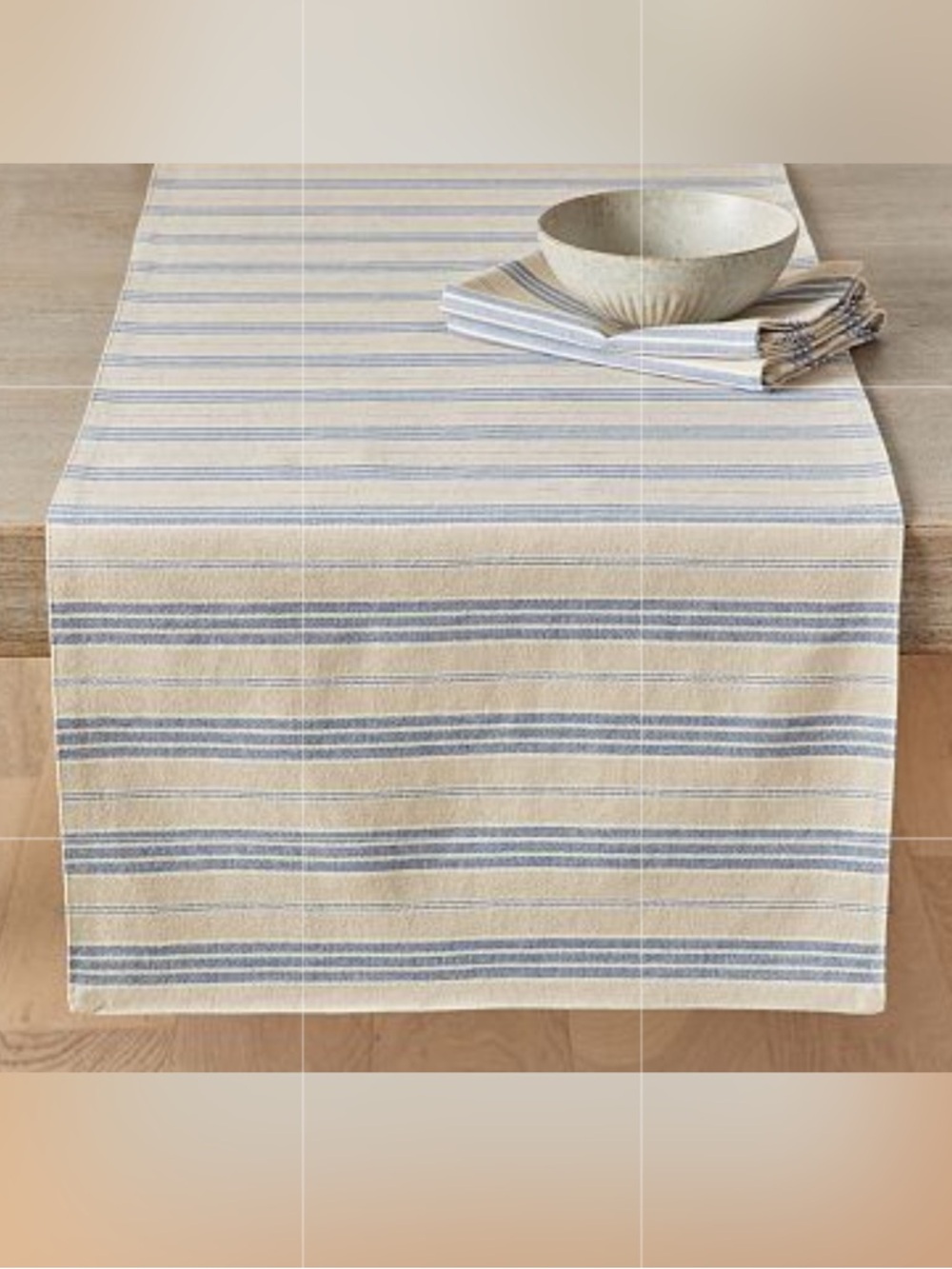Pottery Barn Colette Stripe Blue Tan Cotton / Linen Table Runner Dining Room NWT